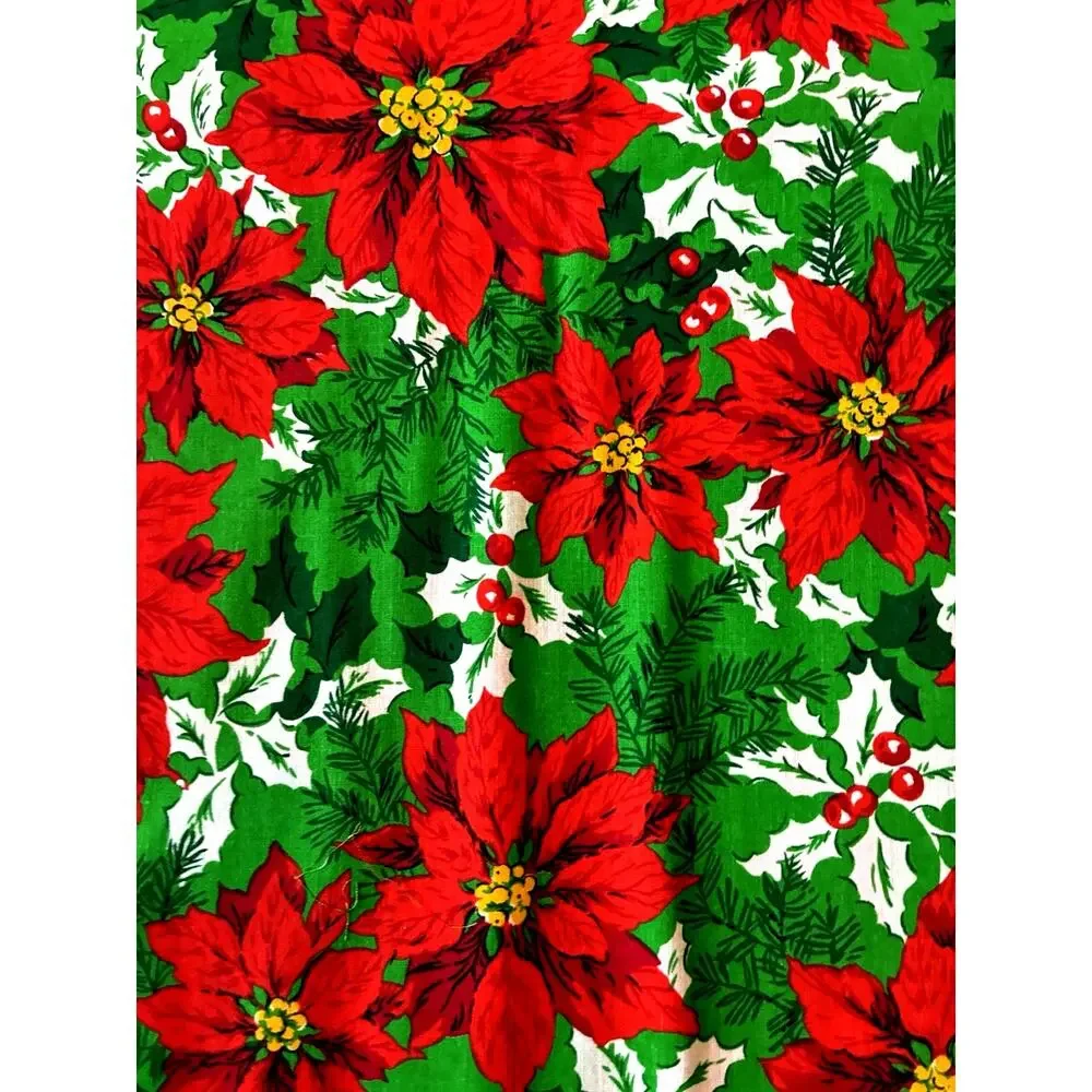 Vtg Christmas Fabric Poinsettia Green Red Holly 112x58 Cotton Uncut 3 Yds New